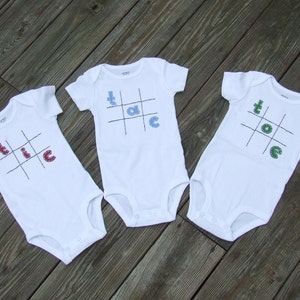 Tic Tac Toe Triplet Fun set of 3 Onesies® Bodysuit Set, Great Shower gift for TRIPLETS or 3 different sizes for siblings image 4