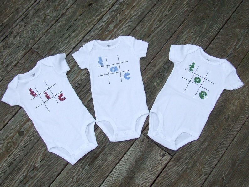 Tic Tac Toe Triplet Fun set of 3 Onesies® Bodysuit Set, Great Shower gift for TRIPLETS or 3 different sizes for siblings image 4