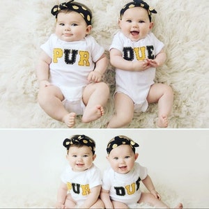 Purdue &quot;PUR&quot; and&quot;DUE&quot; Set of Baby Onesies®, Bodysuits for twins (or SIBLINGS), Boiler Up bodysuits for twins, inspired by the Boilmakers