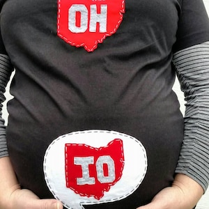 Maternity Mommy OH and baby IO handsewn black tshirt, Great gift for a BUCKEYE mom-to-be