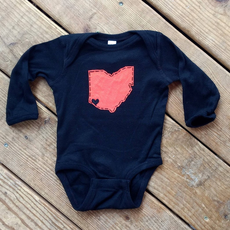 Cincinnati Love, State of Ohio BLACK OR ORANGE Onesie® bodysuit with heart on Cincinnati, baby shower gift, father's day gift for new dad image 2