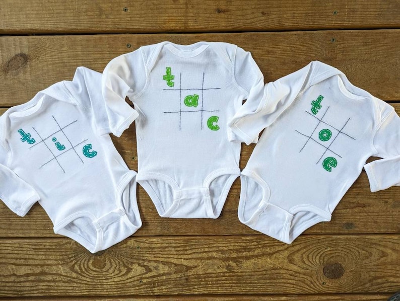 Tic Tac Toe Triplet Fun set of 3 Onesies® Bodysuit Set, Great Shower gift for TRIPLETS or 3 different sizes for siblings image 3