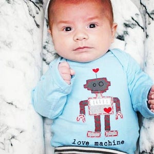 Valentine's Day baby Onesie® LOVE MACHINE Bodysuit for Baby BOYS, perfect for 1st Valentine's Day Pics, punny baby Onesie® image 1