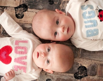 Valentine's Day Love Bugs TWIN Onesies® Bodysuits Set , Featured in Pregnancy and Newborn magazine, Great Shower gift for TWINS or siblings