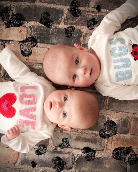 Valentine's Day Love Bugs TWIN Onesies® Bodysuits Set , Featured in Pregnancy and Newborn magazine, Great Shower gift for TWINS or siblings