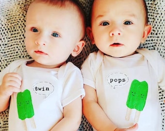 Twin Set "TWIN POPS" bodysuits for TWINS or siblings, great baby shower gift for twins, summer twins gift