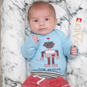 Valentine's Day baby Onesie® LOVE MACHINE Bodysuit for Baby BOYS, perfect for 1st Valentine's Day Pics, punny baby Onesie® image 2