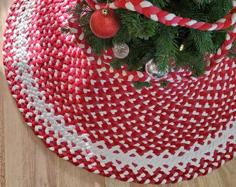 red and white plaid braided Christmas tree skirt