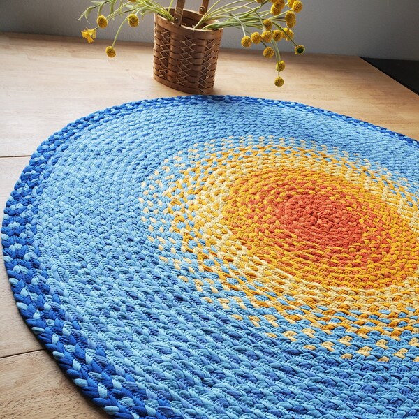 Tapis tressé bleu et jaune pour chambre d'enfant, 48 po. en stock, green at heart