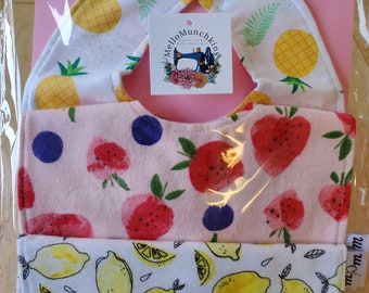 lemon, pineapple, strawberry flannel bib set for babies newborn-2 years old