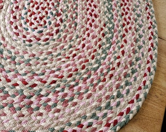 Vintage Rose, Sage green, natural, and sand braided rug from cotton t shirts handmade in the USA