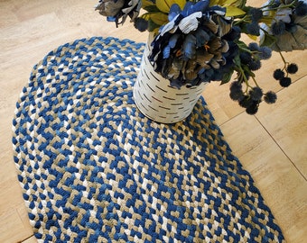 denim blue and green braided rug 21"x36"