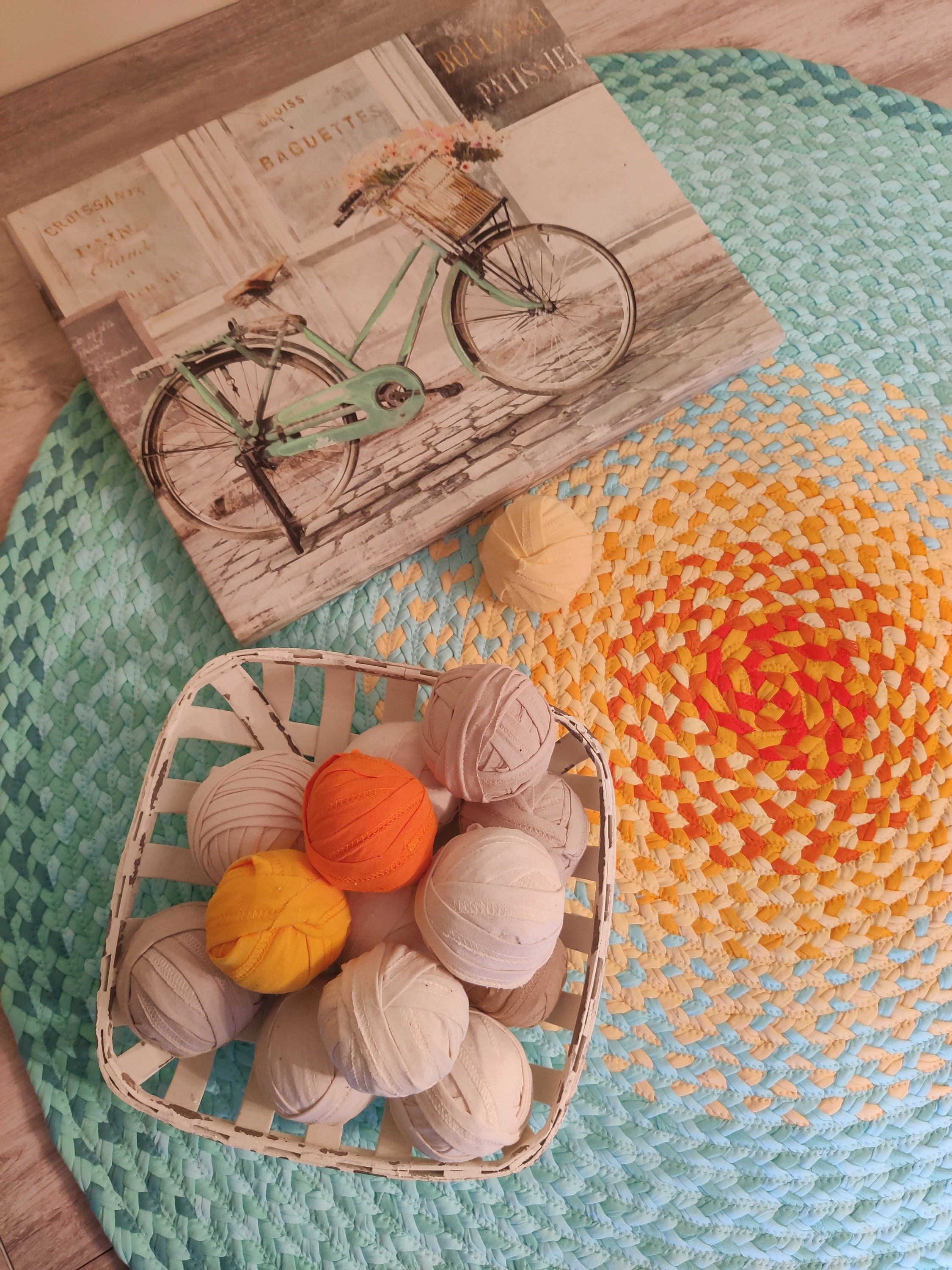 Recycled Hand Braided Round Area Rug 100 Cotton Floor Rug In Mint Green And Yellow