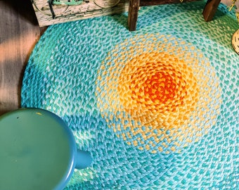 Recycled Hand Braided Round Area Rug --50% organic Cotton Floor Rug in Mint Green and Yellow – 8 Sizes Available