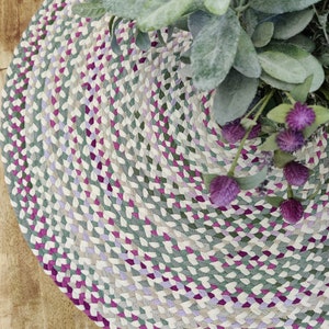 Berry, Sage green, natural, and sand braided rug from cotton t shirts handmade in the USA
