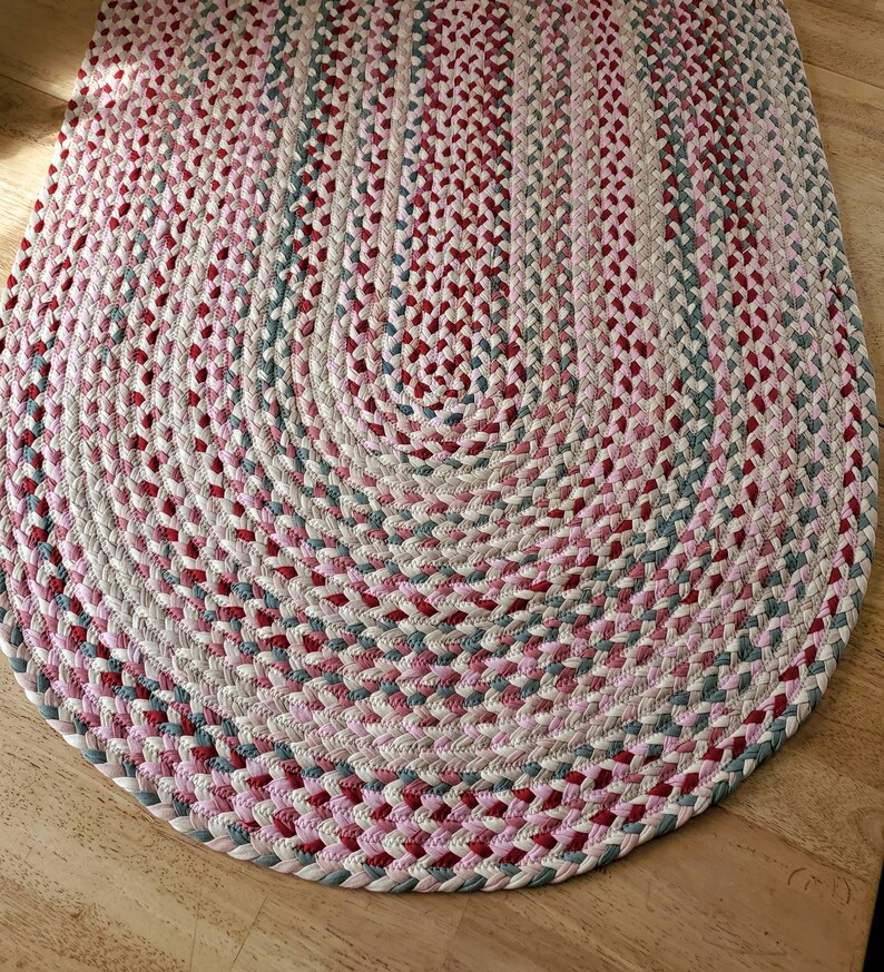 Vintage Rose, Sage green, natural, and sand braided rug from cotton t shirts handmade in the USA image 3