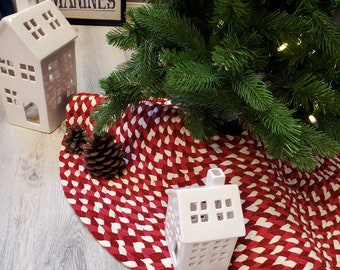 30" red and cream Christmas tree skirt for an artificial tree rug made from braided cotton jersey