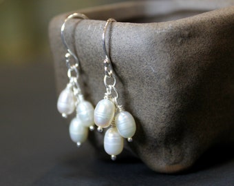 Pearl Silver Cluster Earrings