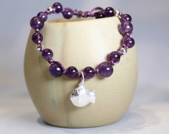 Lovely Silver Fish Bracelet, Attractive Purple Amethyst Gems, Adjustable Bracelet, Birthday Gift, Gift for Her