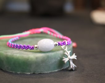 Baby Sze Bracelet, Silver Cross Bracelet, Jade Rice Bead, Thread Bracelet, Birthday Gift, Baby Gift, Baby Baptism Gift