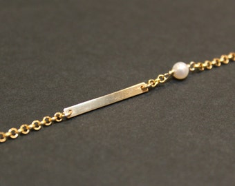 Minimalist Slim Gold Bar Pearl Bracelet
