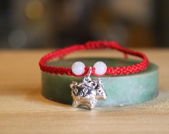 Silver Tiger Bracelet, Jade Beads, Birth Animals, Chinese Zodiac, Adjustable Thread Bracelet, Birthday Gift