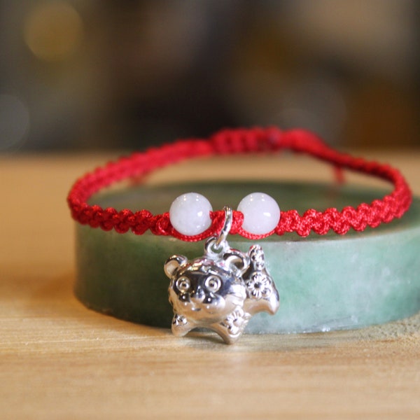 Silver Tiger Bracelet, Jade Beads, Birth Animals, Chinese Zodiac, Adjustable Thread Bracelet, Birthday Gift