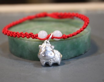 Silver Ox Bracelet, Jade Beads, Birth Animals, Chinese Zodiac, Adjustable Thread Bracelet, Birthday Gift, Gift for Her