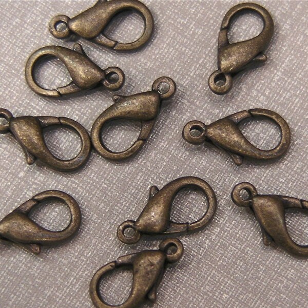 10 Lobster Claw Antique Bronze Clasps - 14mm