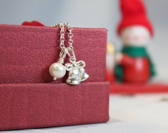 Dainty Silver Bell Pearl Charm Necklace, Sterling Silver Chain, Christmas Special