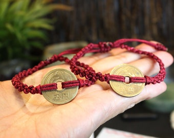 Couples Bracelets, Coins bracelets, Japanese 5 Yen Brass Coins Bracelets, Thread Handknotted Bracelets, Friendship Bracelets