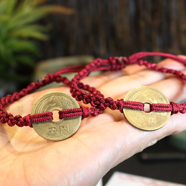 Bracelets de couples, bracelets de pièces de monnaie, bracelets japonais de pièces de monnaie en laiton de 5 yens, bracelets noués à la main en fil, bracelets d'amitié