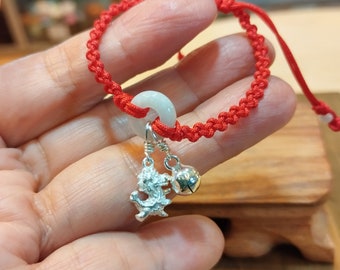 2024 Dragon Year Baby Size Bracelet Silver Dragon & Bell Jade Ring Donut Birth Animals Chinese Zodiac, Adjustable Thread Bracelet Baby Gift