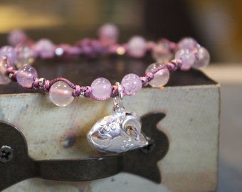 Silver Rat Bracelet, Pink Rose Quartz/Lavender Light Purple Amethyst Gems, Birth Animals, Adjustable Thread Bracelet