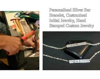 Personalized Silver Bar Bracelet, Sterling Silver Bracelet, Customized Initials Jewelry, Hand Stamped Custom Jewelry