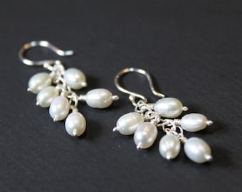 Pearl Silver Cluster Earrings
