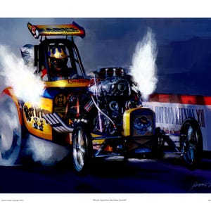 Puede incluir: Un dragster amarillo y azul con un gran motor y humo saliendo del escape. El coche está etiquetado como "Rat Trap" y "Don Woods". El coche está compitiendo en el evento "Hot Rod Reunion XII".