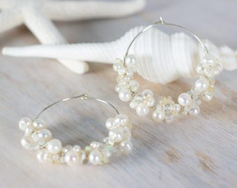 Pearl and Gemstone Cluster Hoop Earrings - Zaara