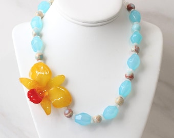 Real Orchid Necklace with Chalcedony - Selkie