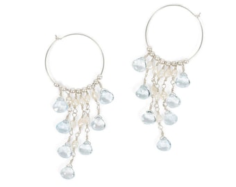 Gemstone Chandelier Hoop Earrings With Petite Pearl & Topaz