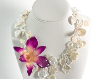 Keshi Pearl Necklace with Real Orchid - Calypso
