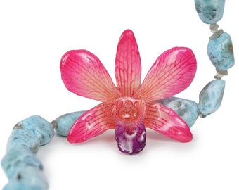 Larimar Real Orchid Statement Necklace - Larimar Necklace - Tropical Necklace - Beach Wedding Necklace - Destination Wedding Jewelry