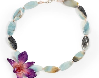 Real Orchid Necklace With Amazonite Beads - Isla