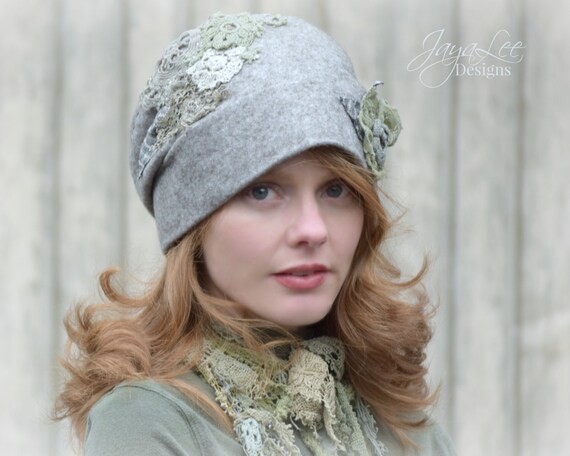 Slouchy Hat Cloche Hat in Stone Gray and Green Lichen Lace | Etsy