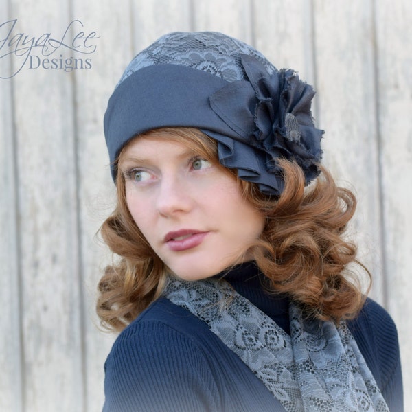 Deco Cloche Hat / 1920's Style / Linen and Lace / Slate Gray