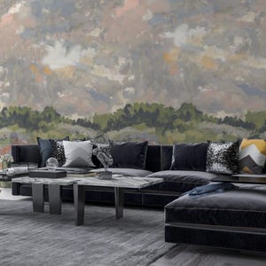 DCPWall design wallpaper, watercolour wallpaper, watercolour landscape, warm colours, wallpaper for living room, bedroom, landscape in green