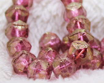 Designer Czech Glass Beads 10 X 8mm English Cut Faceted Picasso Washed in Gold Rose & Pink Rondelles  - 12 Pieces