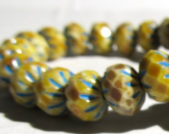 Designer Czech Glass Beads 10 x 7mm Mustard Yellow w/ Star Etched Turquiose Accents Rondelles - 12 Pieces