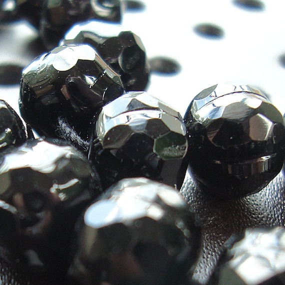 Czech 8mm Glass Firepolished Round Beads Iridescent Matte Black