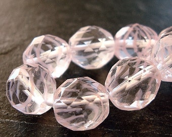 Czech Glass Beads 10mm Faceted Clear Marbled Pink Round - 8 Pieces